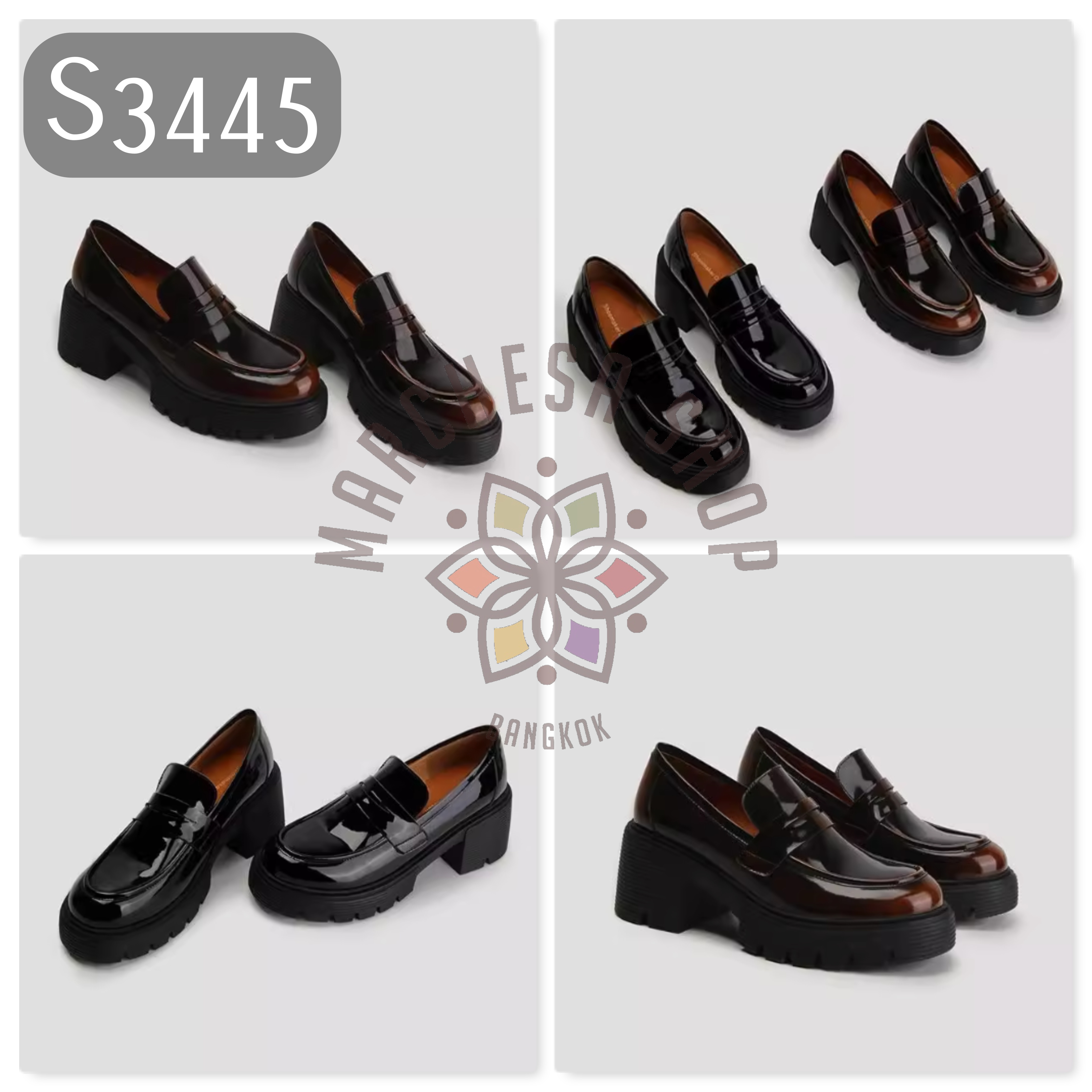 S3445 - 羊漆搭帶壓線圓頭厚底福樂鞋