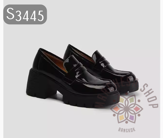 S3445 - 羊漆搭帶壓線圓頭厚底福樂鞋