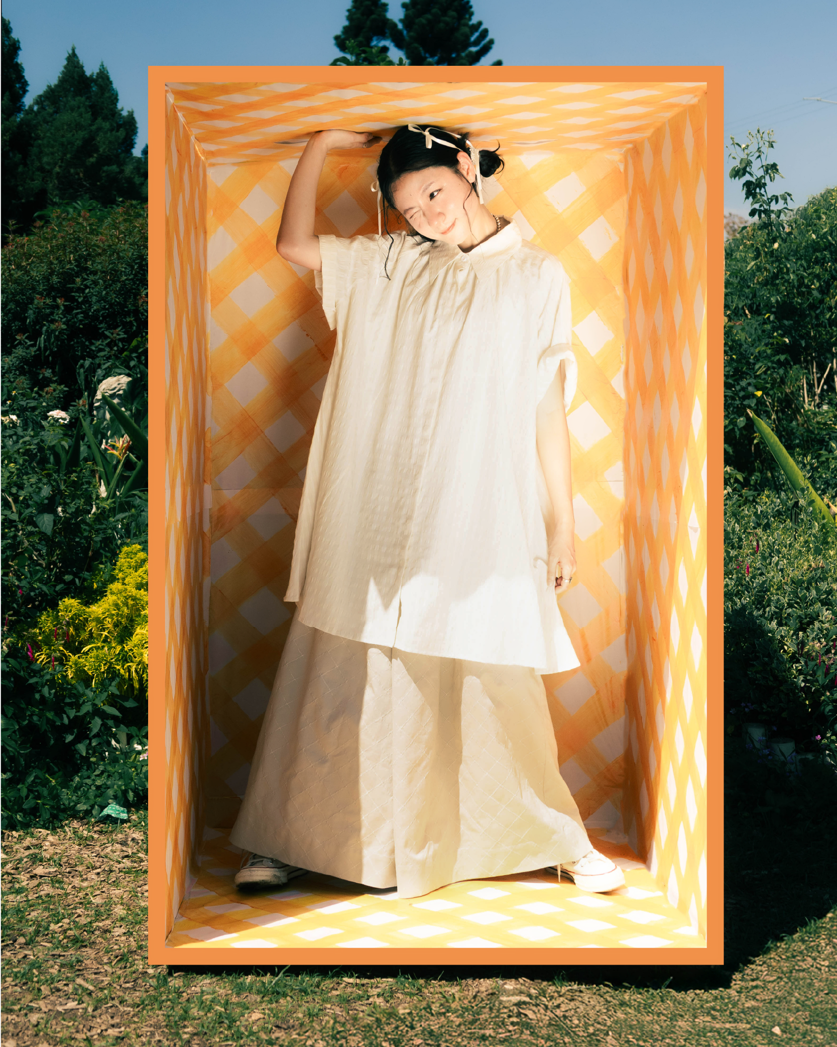 【 Kiki.co made 】 Embroidered check culottes - ivory