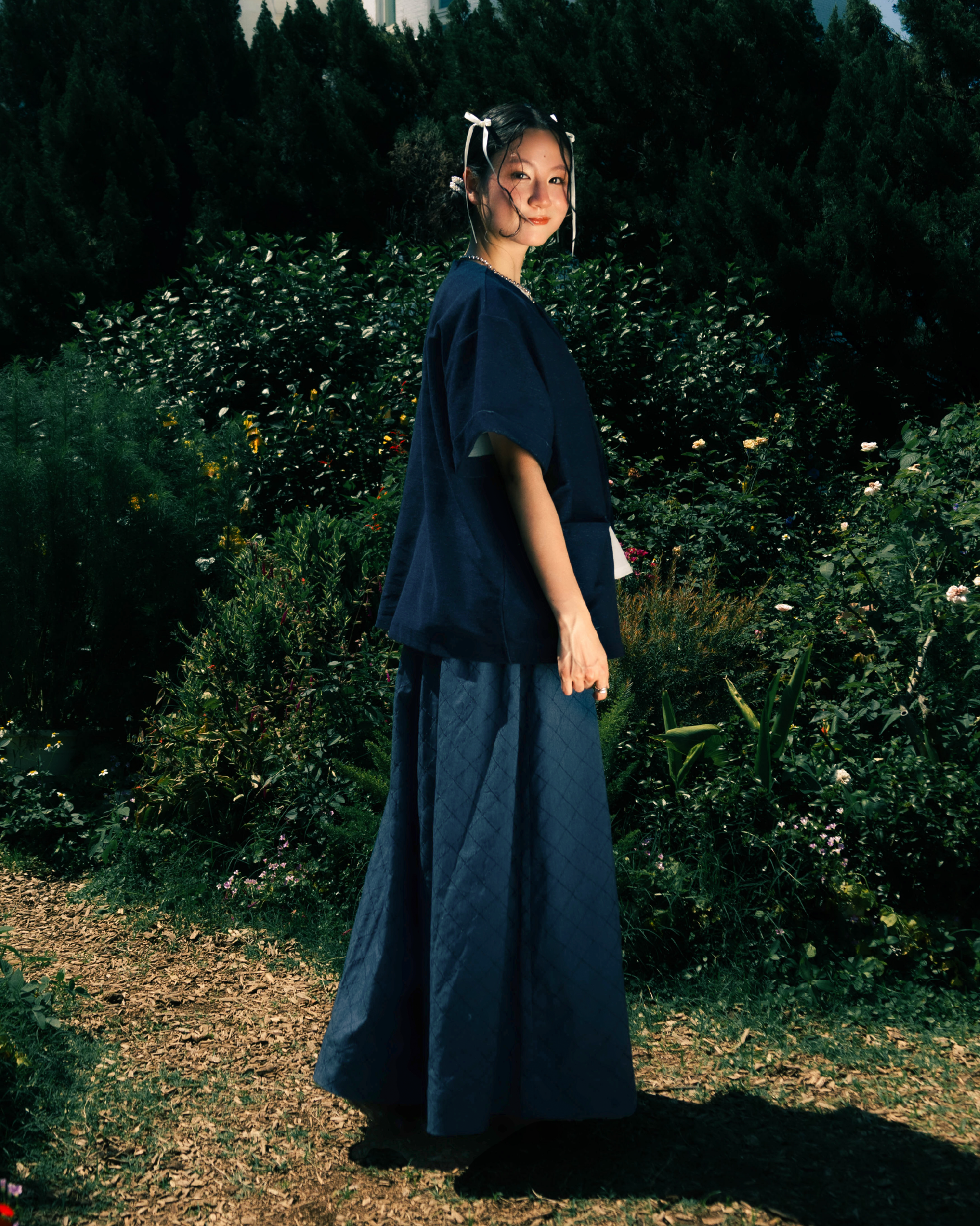 【 Kiki.co made 】 Embroidered check culottes - blue