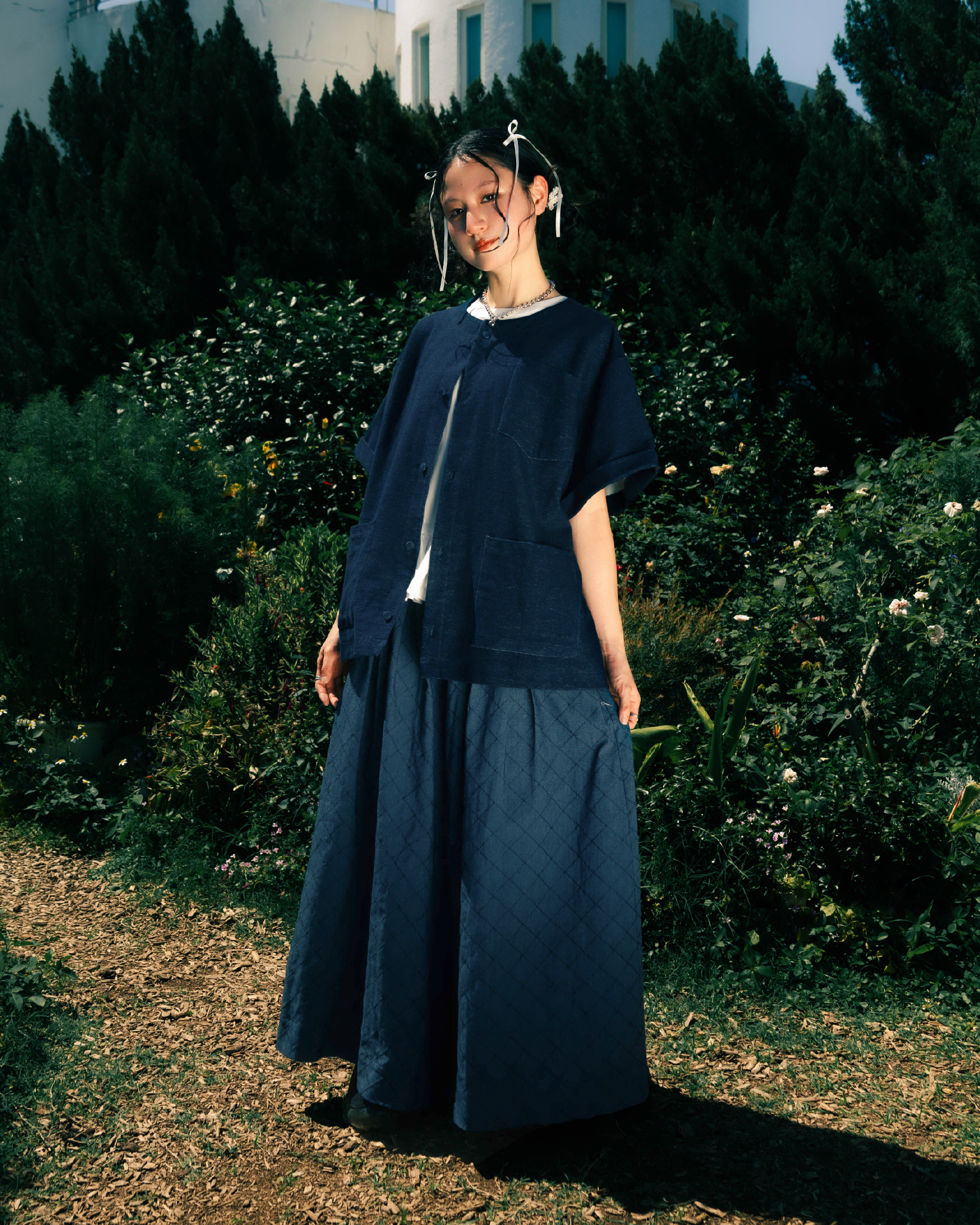 【 Kiki.co made 】 Embroidered check culottes - blue