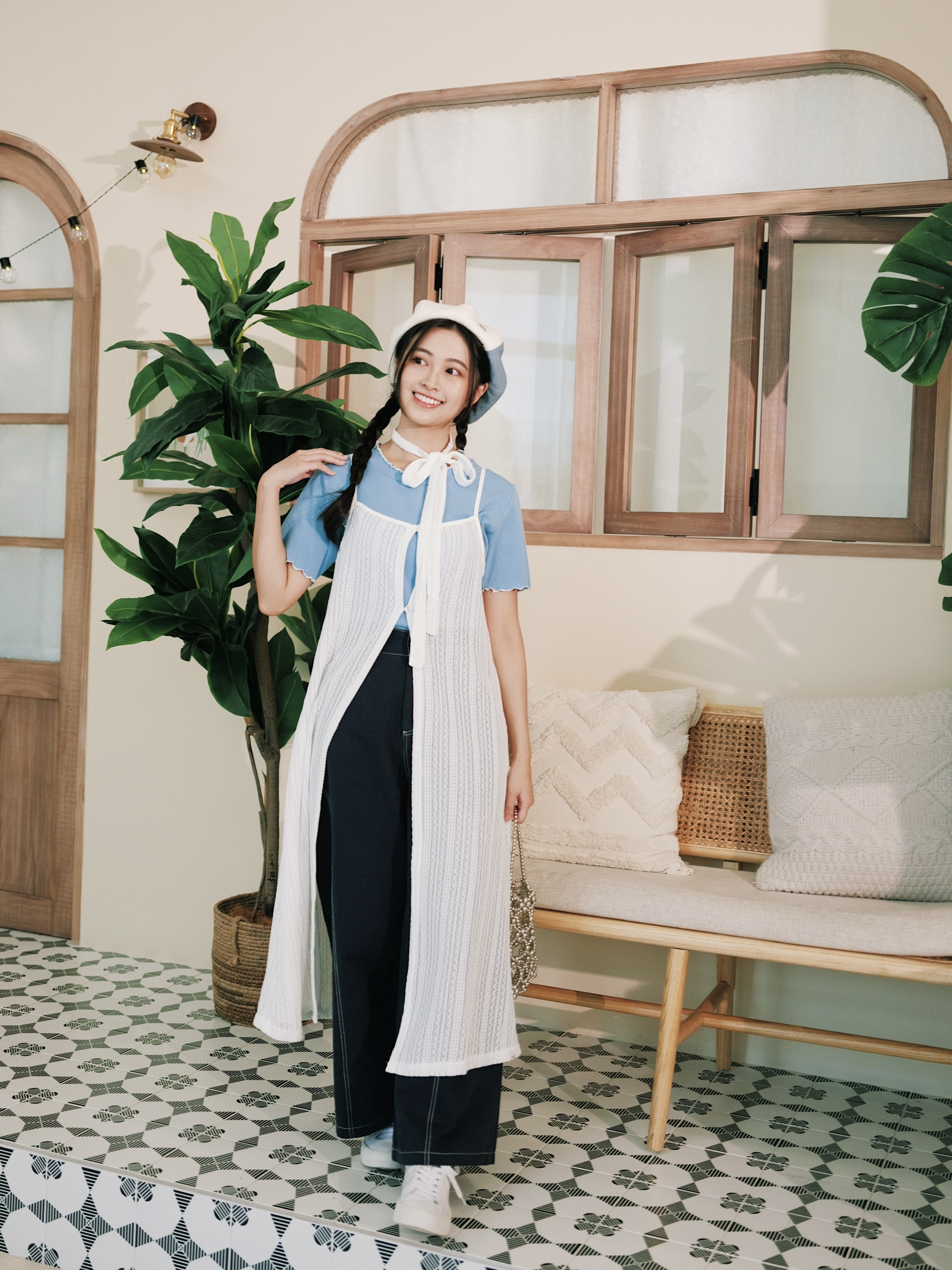 兩色/ 鏤空開鈕長背心(附頸繩)/ Sheer Long Vest (With Neck Strap)