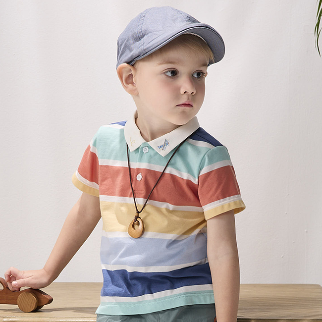 <5折> PIPPY 寬版條紋翻領短袖上衣 藍綠