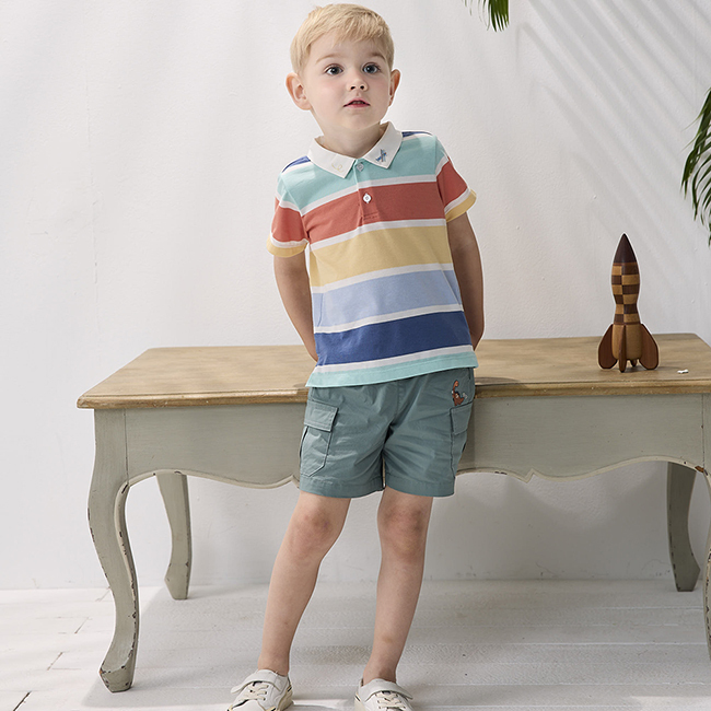 <5折> PIPPY 寬版條紋翻領短袖上衣 藍綠