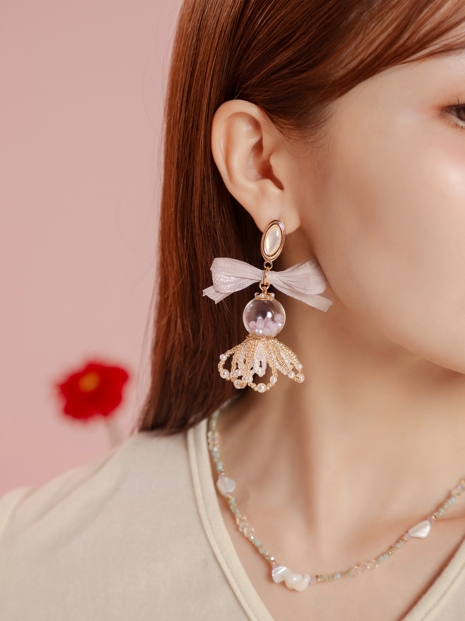 泡泡輕旅行。MUCHAT手作14KGP蝶結珠花泡泡球純銀針耳環