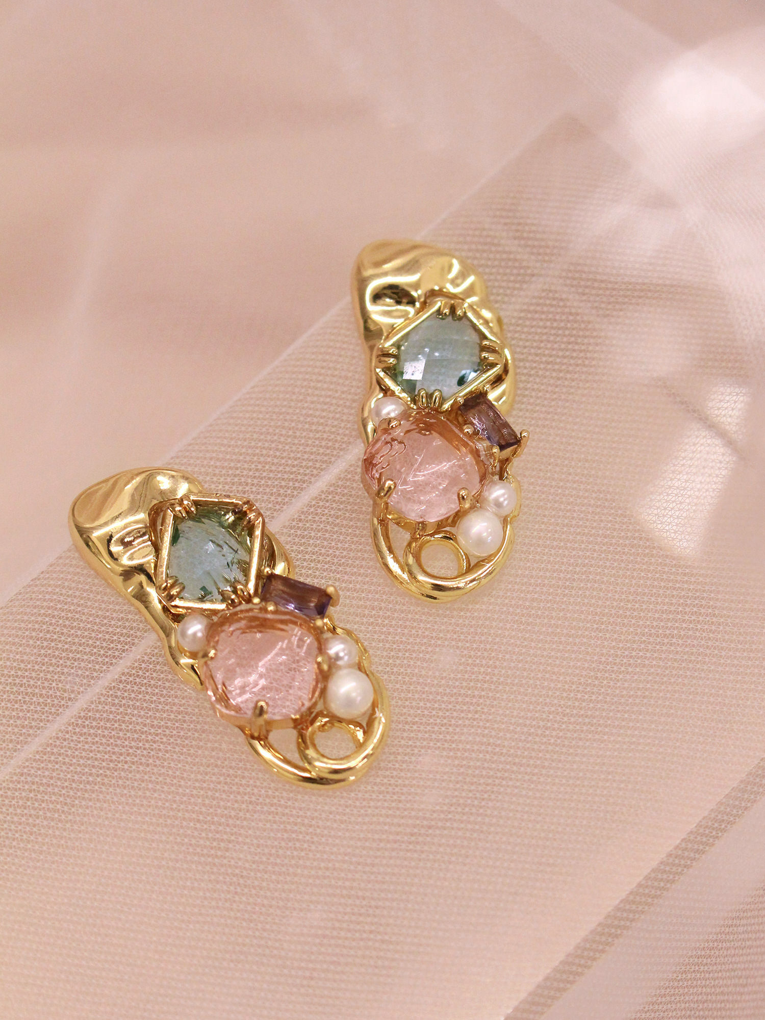 幻彩軟糖。MUCHAT手作14KGP雙色水晶純銀針耳環