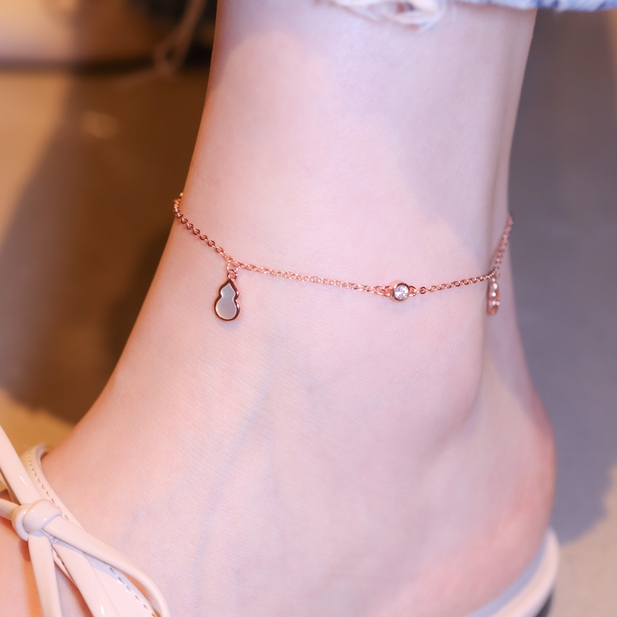 | 925純銀・ 厚鍍玫瑰金 | 吸財小葫蘆腳鏈 | AN0125 |