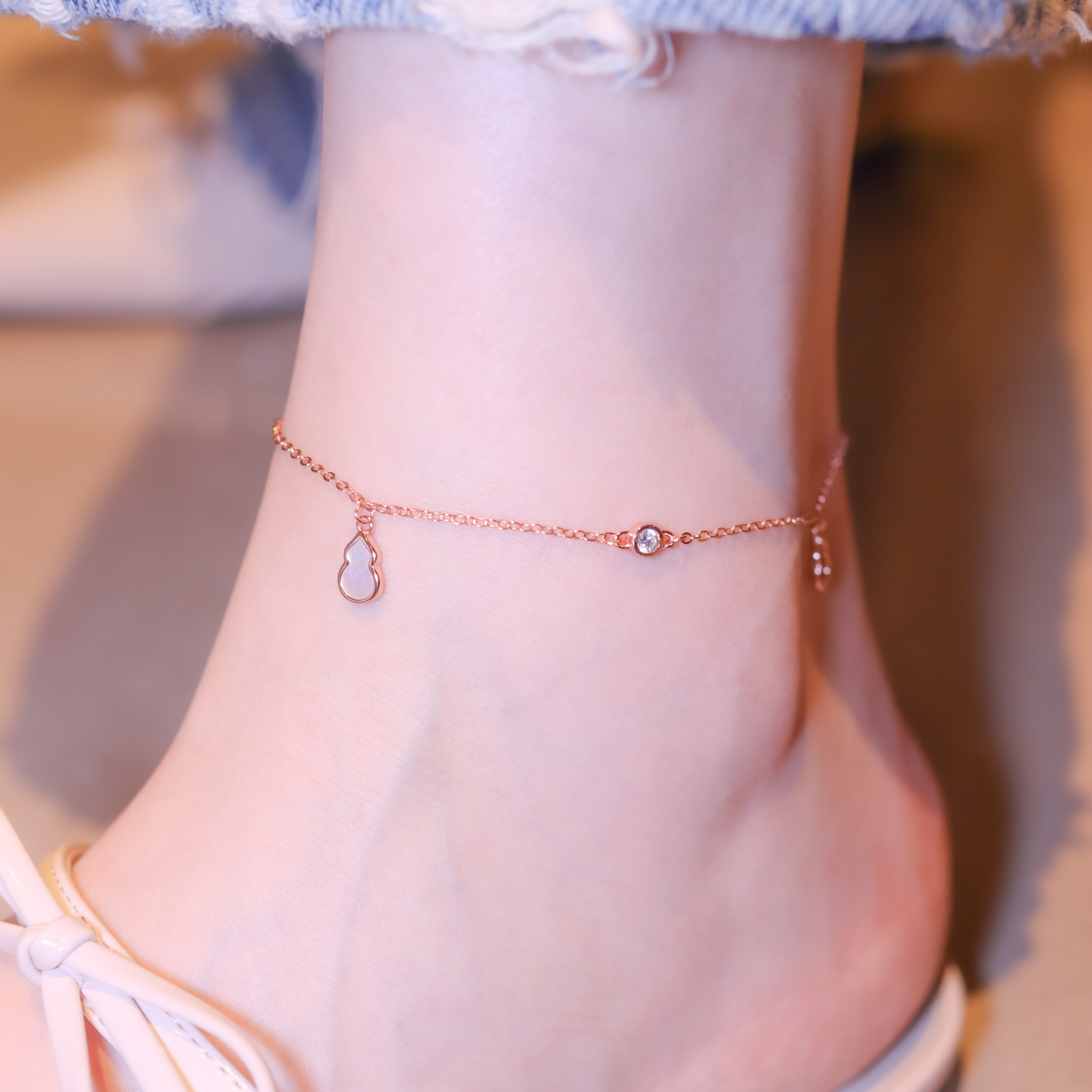 | 925純銀・ 厚鍍玫瑰金 | 吸財小葫蘆腳鏈 | AN0125 |