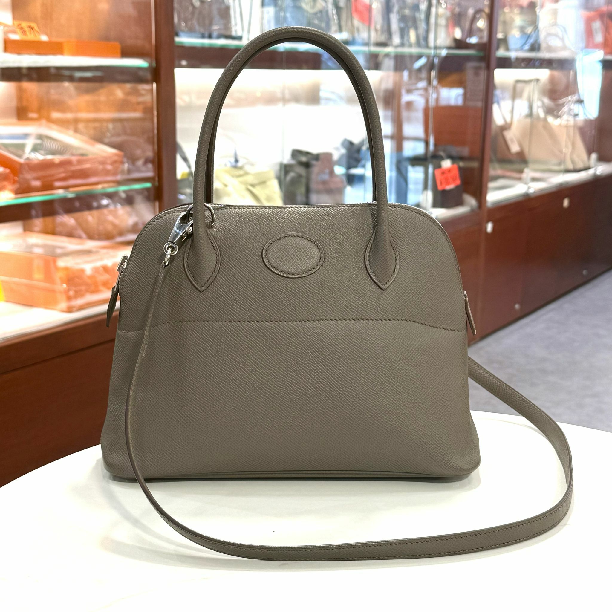 95%NEW二手HERMES BOLIDE 27 A刻 錫器灰EPSOM皮銀扣 8F/ETAIN PHW #香榭站正品