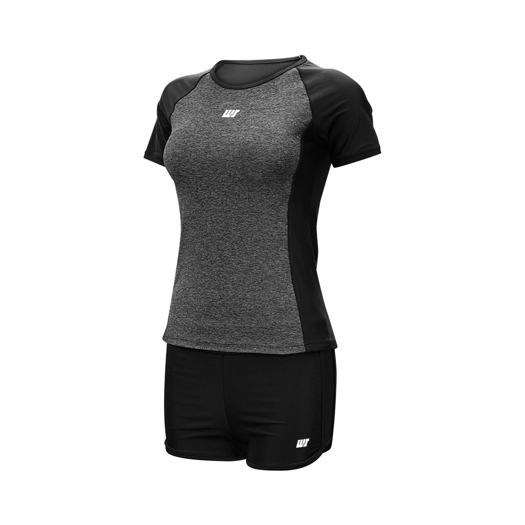 女士短袖游泳防曬上衣搭配平腳泳褲 - 黑/灰