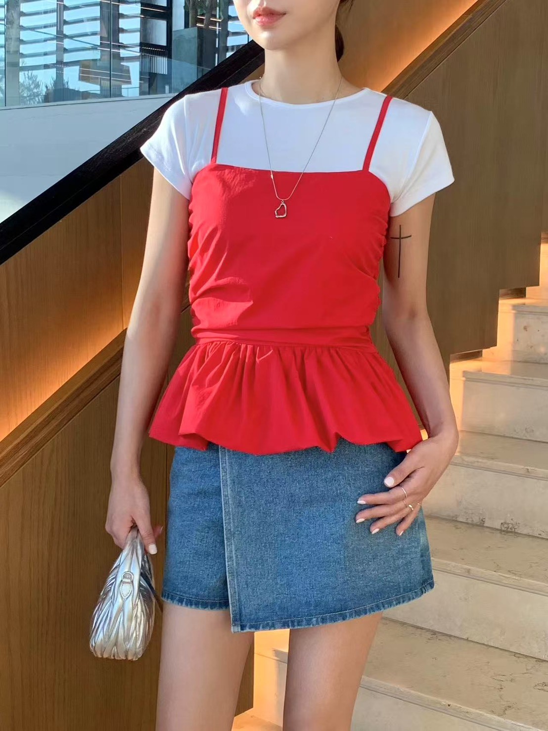 細肩平口棉背心(紅/白)