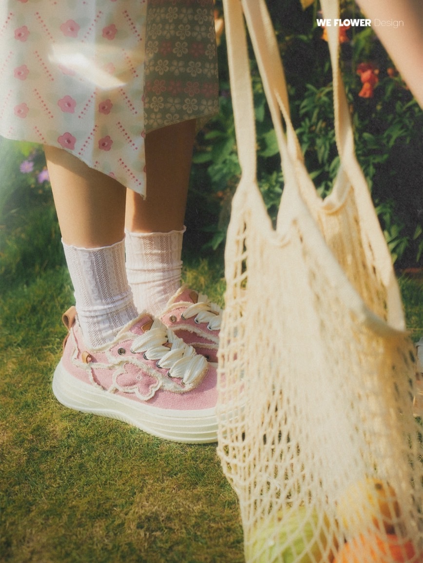 【預購】WE FLOWER 小花鞋 厚底帆布鞋 粉 WF0031