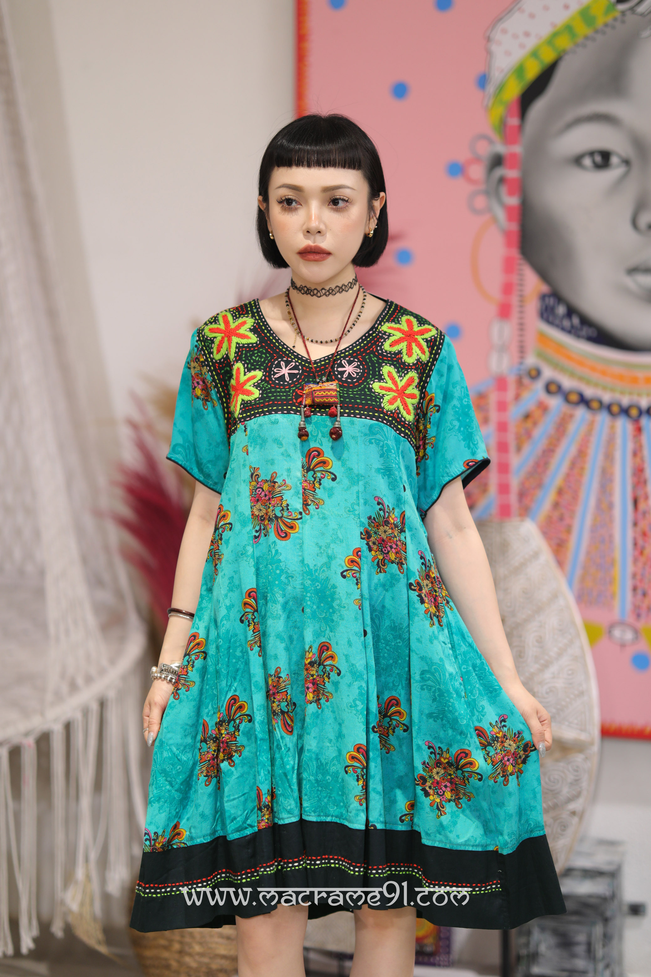 Macrame 中長裙 - M0516C - 海綠色 / 黑色 (0812)