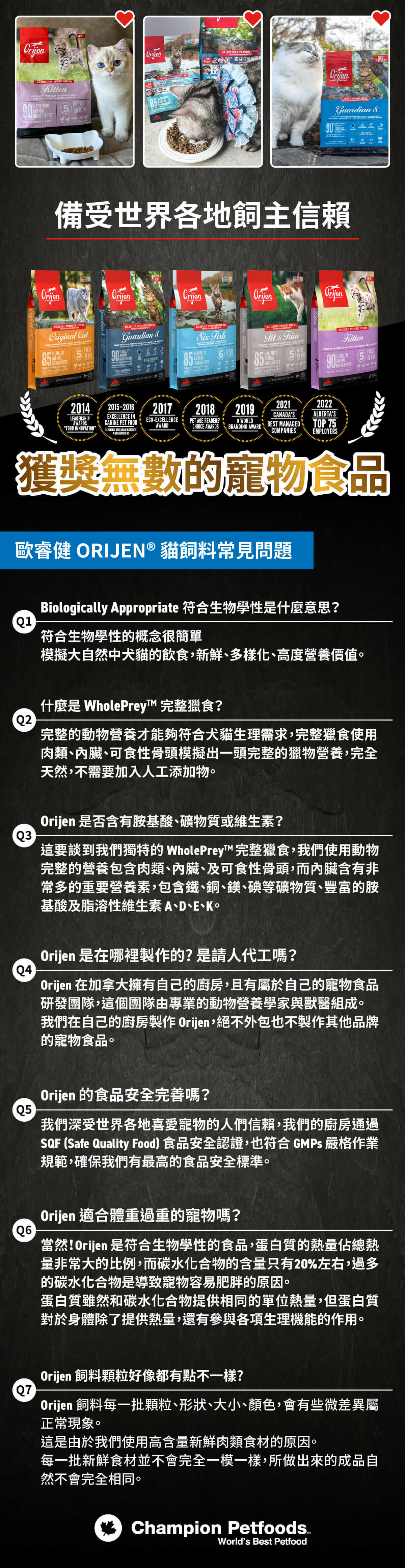 Orijen歐睿健 愛貓守護8 無穀鮮肉貓糧 成分營養分析每日餵食量表