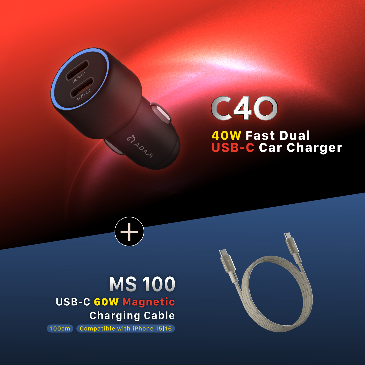 C40 40W Fast Dual USB-C Car Charger + MS100 USB-C to USB-C 60W Magnetic Charging Cable