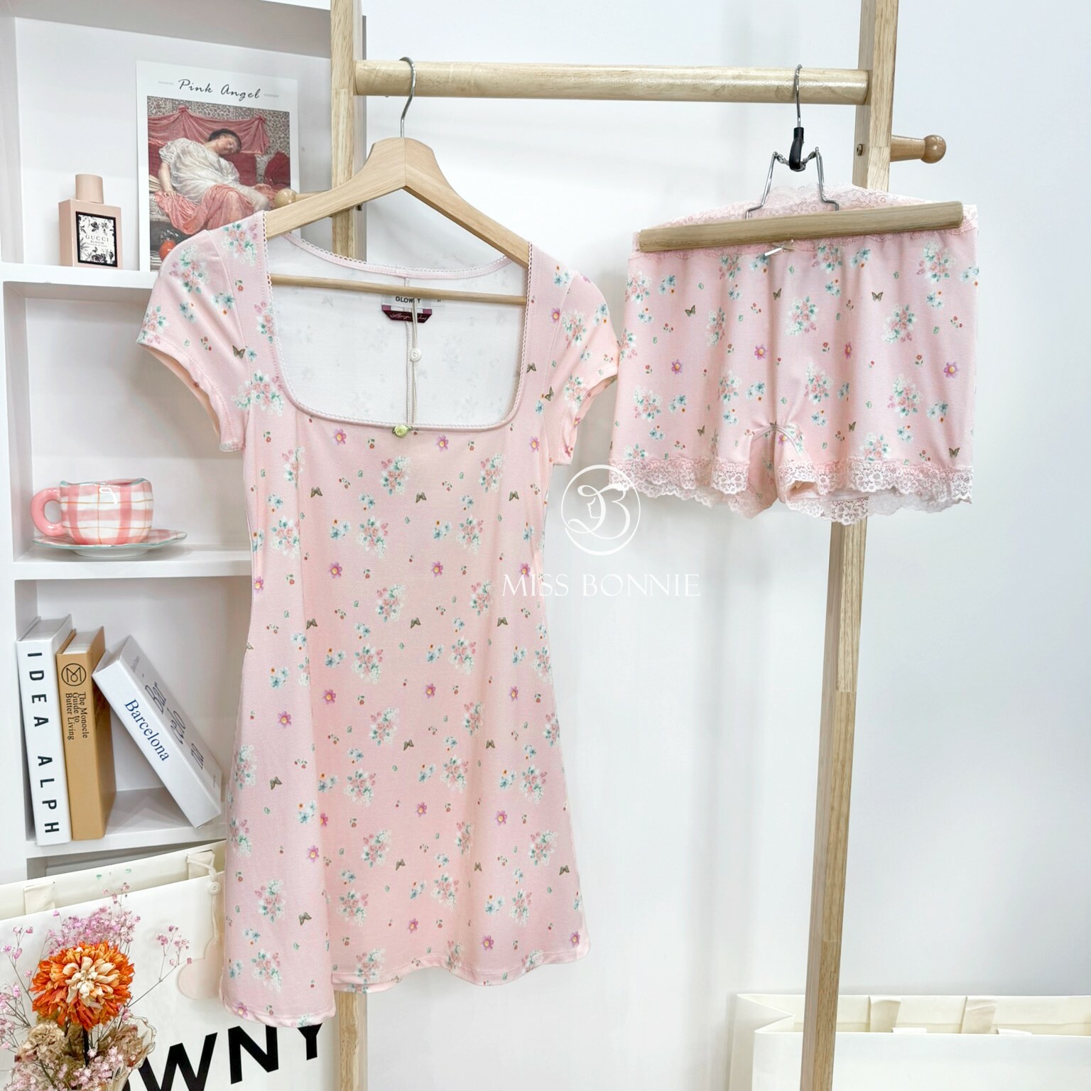 GLOWNY小碎花短袖連身裙&內褲