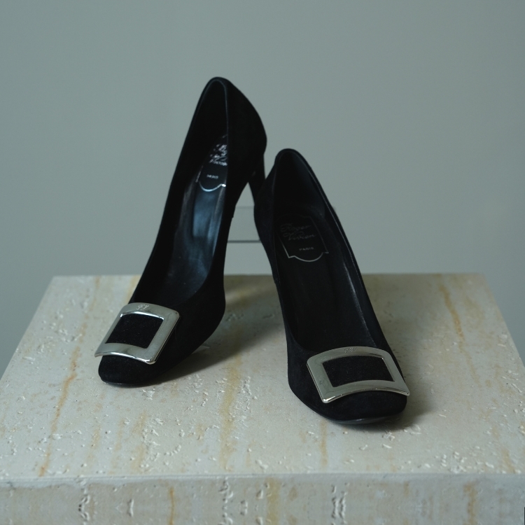 RV 黑底銀方釦高跟鞋 39號