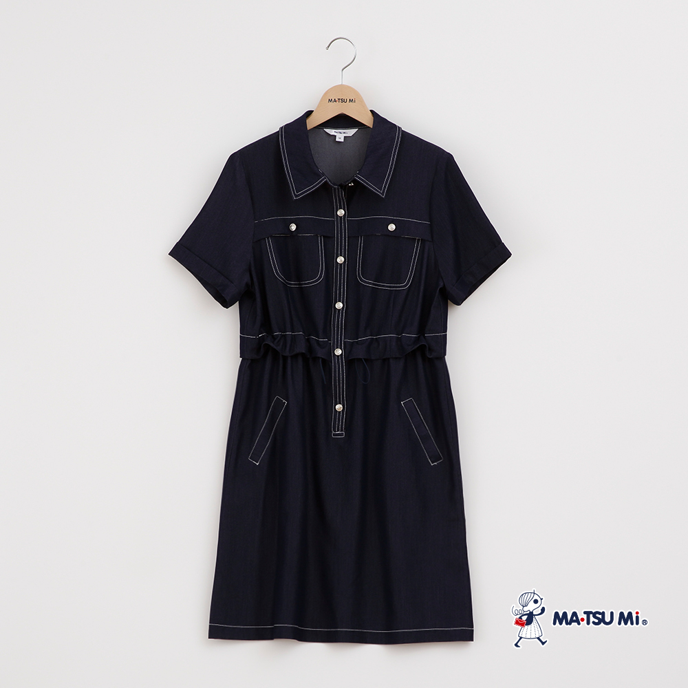 MA‧TSU Mi 撞色車線排釦設計抽繩洋裝(卡其.深藍)