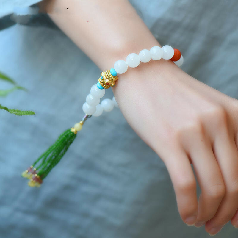 手串 手鍊 玉手鍊 手環 天然和田玉 民族風手鏈 和田玉手鍊 南紅瑪瑙 鐵白雲石 流蘇手鏈 串珠手鍊 送閨蜜禮物 092