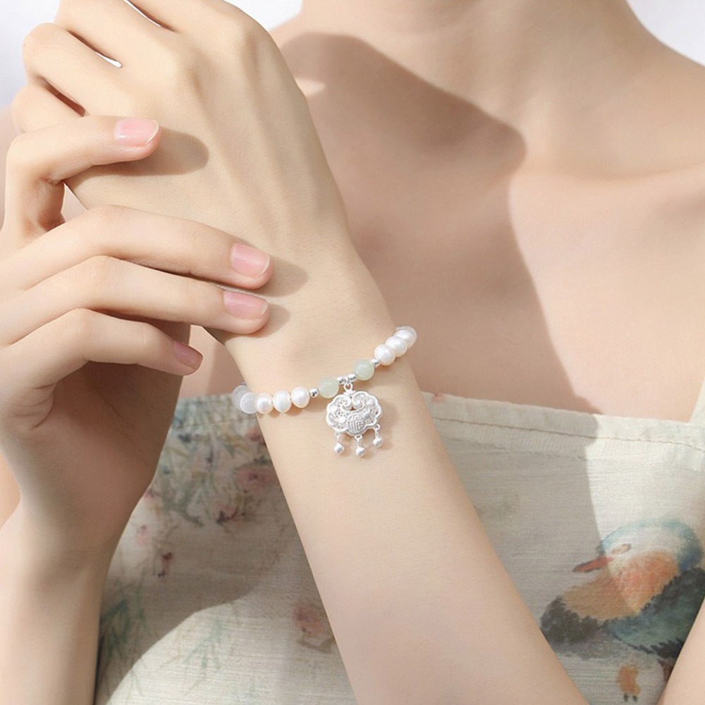 手環 手鍊 串珠手鍊 千足銀手鍊 平安鎖手鍊 女手鍊 天然貓眼石 珍珠手鍊 新中式手鍊 保平安手鍊 送女生 禮物 084