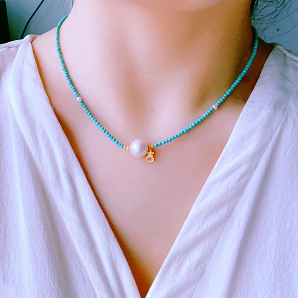 項鍊 珍珠項鍊 細項鍊 天然綠松石 短項鍊 鎖骨鍊 串珠項鍊 波希米亞 珍珠鎖骨鏈 女生飾品 送女友 生日禮物 260