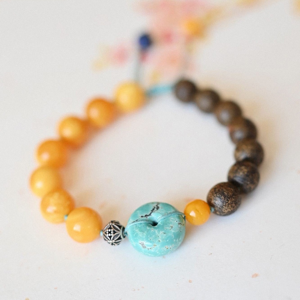 串珠繩鍊 女手鍊 蜜蠟手鏈 單圈手編 日系手鍊 沉香手鏈 綠松石手環 平安扣手鍊 女生飾品 保平安手鍊 生日禮物 055
