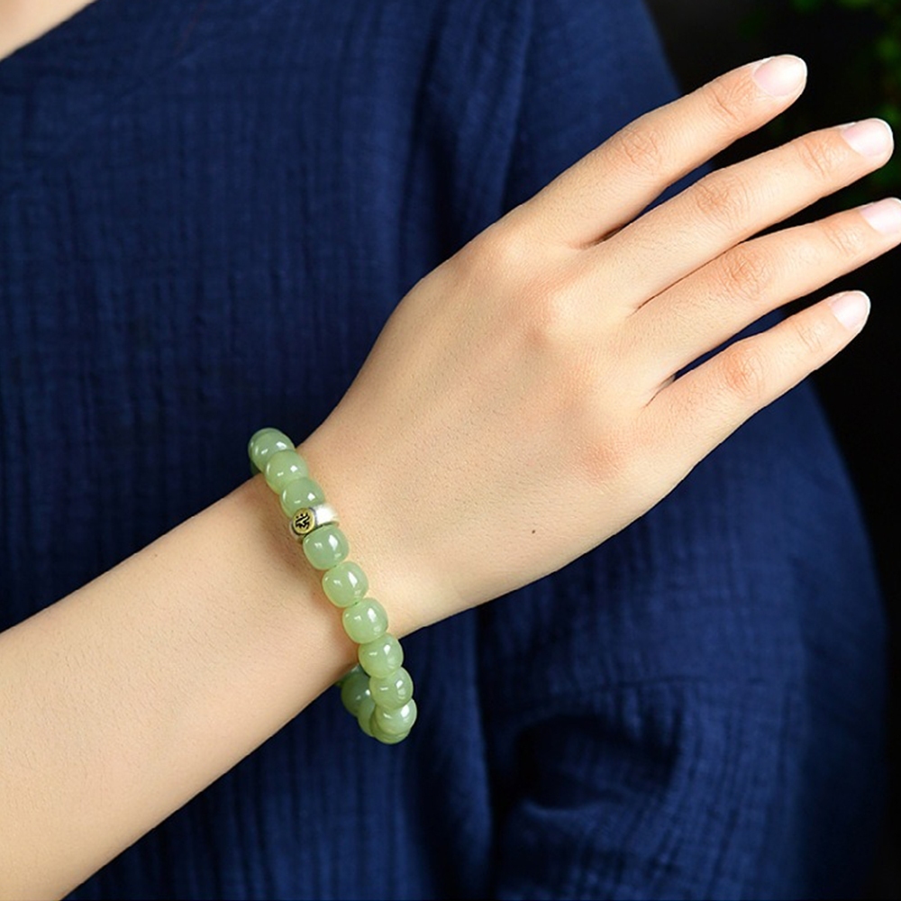 手鍊 手珠 佛珠 玉珠手串 玉手鍊 和田玉手串 和田玉桶珠 本命佛 青海老料 平安手鍊 送媽媽 送男友 生日禮物 054