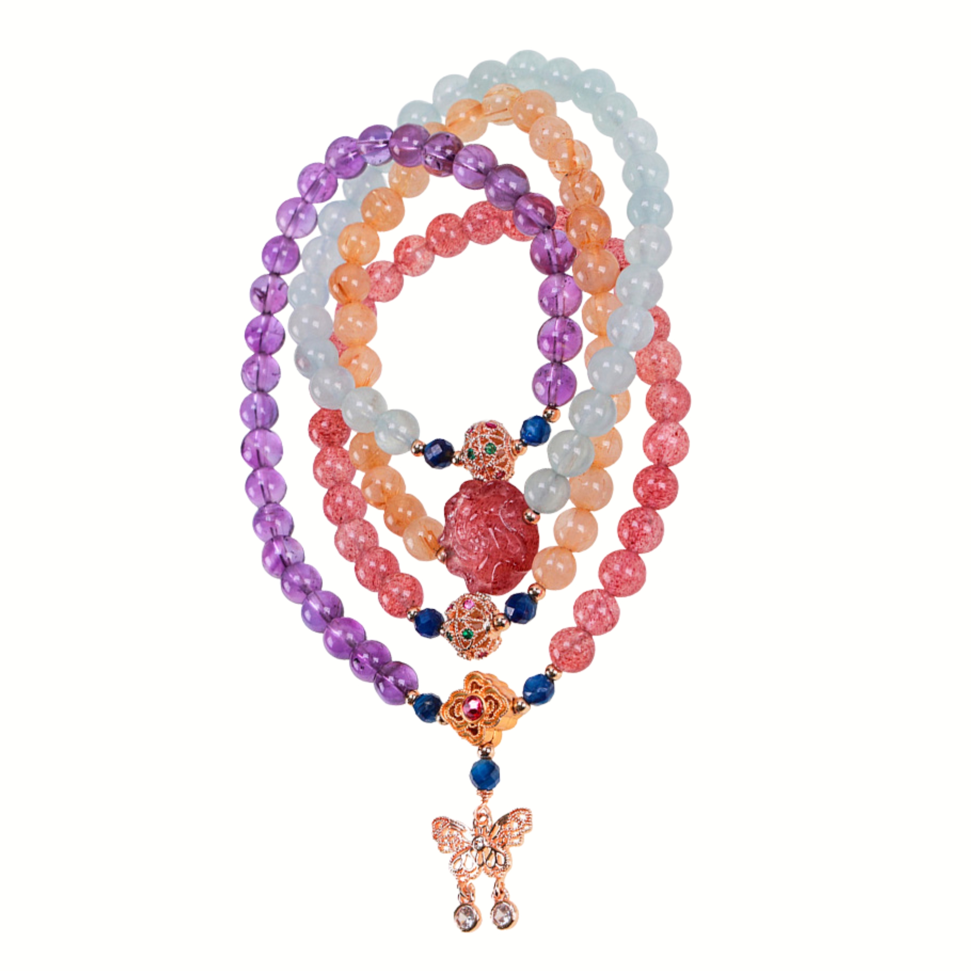 【風水好好玩】桃花三寶滿願念珠(招貴人/招財/草莓晶/海藍寶/紫水晶/金髮晶/玫瑰)