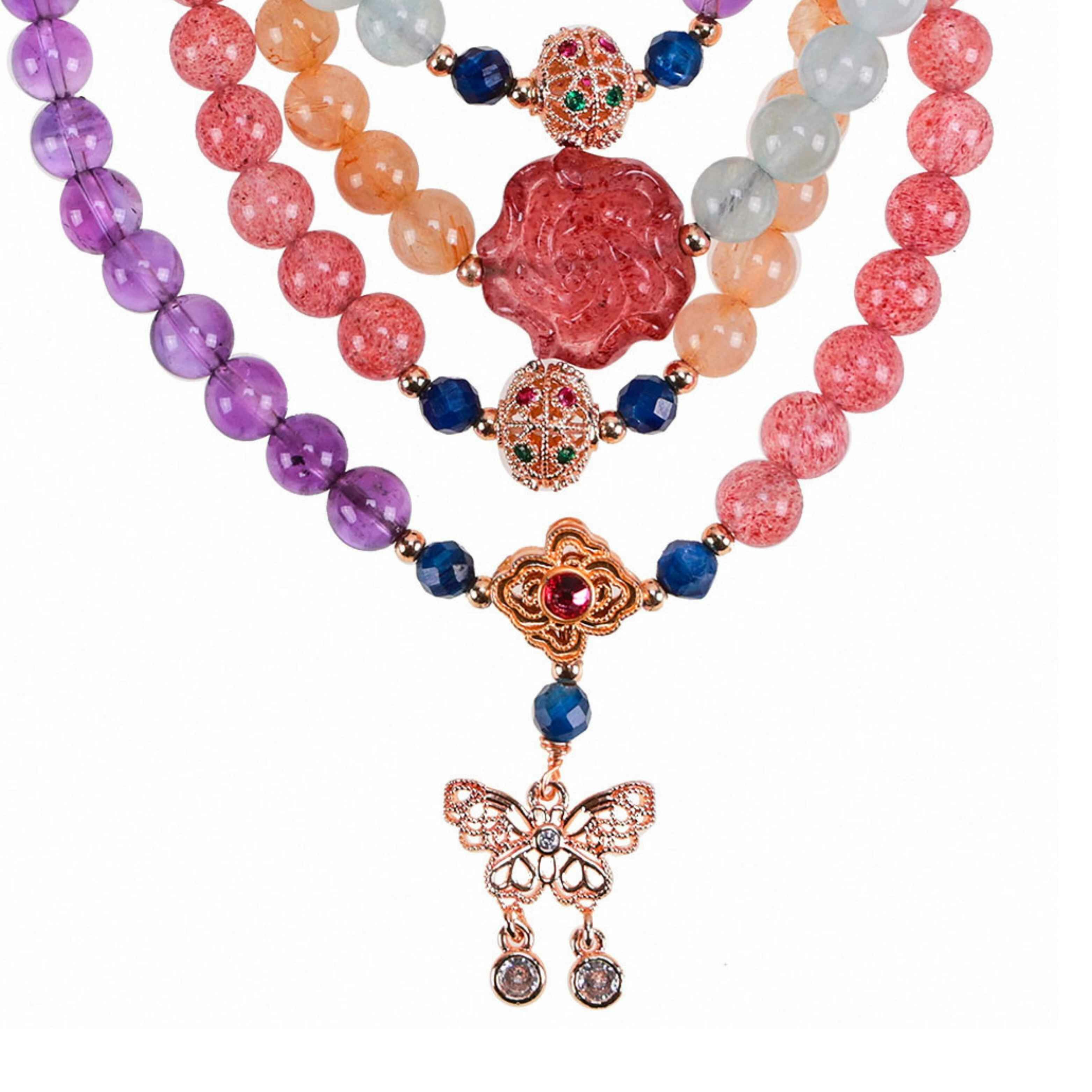 【風水好好玩】桃花三寶滿願念珠(招貴人/招財/草莓晶/海藍寶/紫水晶/金髮晶/玫瑰)