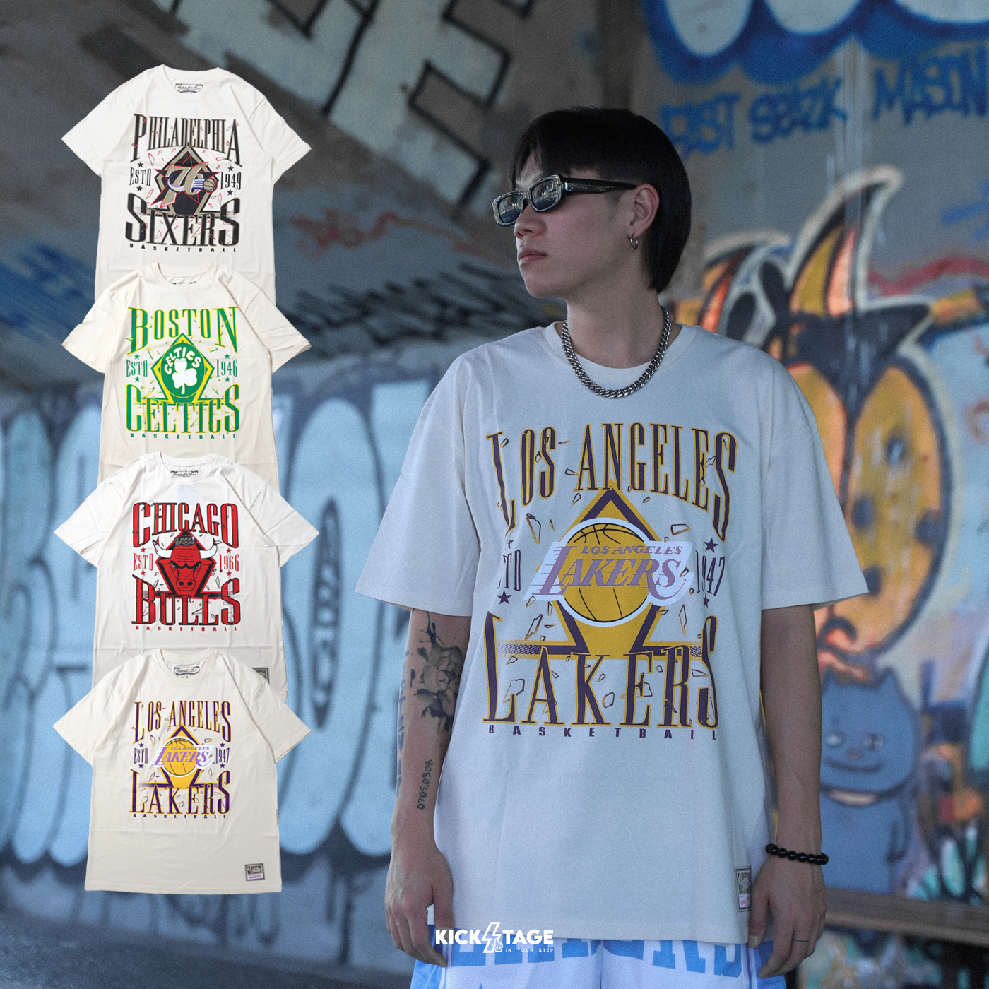 Mitchell & Ness NBA SHATTERED LOCKUP TEE 米色 四隊 LOGO 短袖 短T【MN25ATS16】