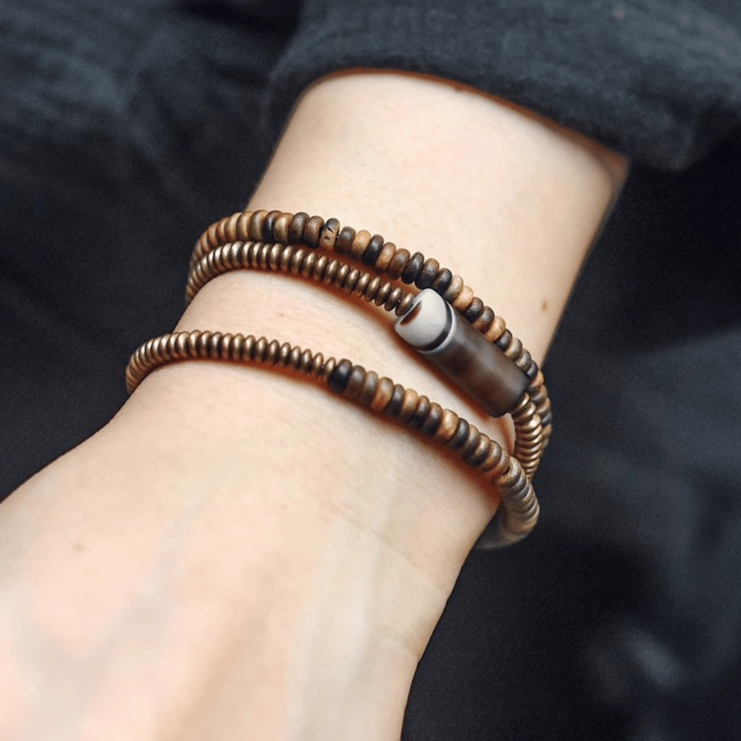 綠檀木混黃銅珠多層手串