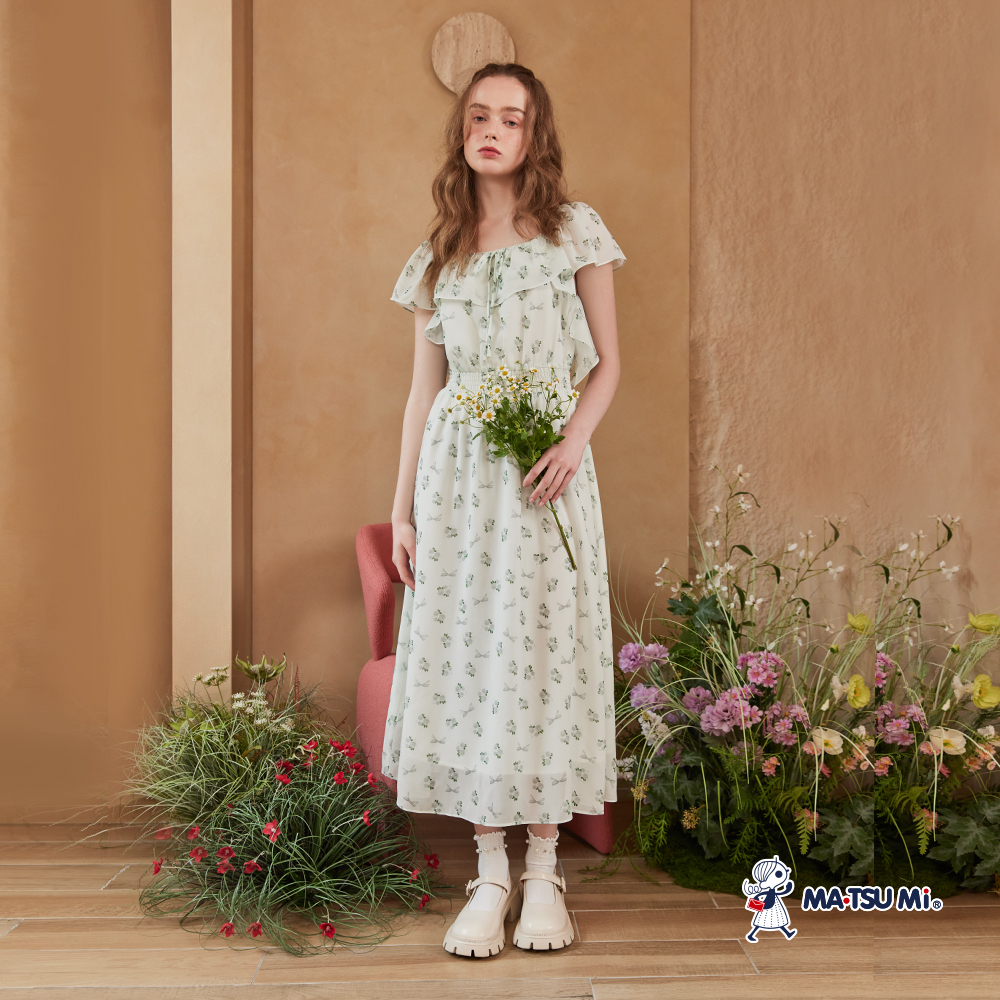 MA‧TSU Mi 浪漫感花束與蝴蝶結雪紡荷葉洋裝(草綠)