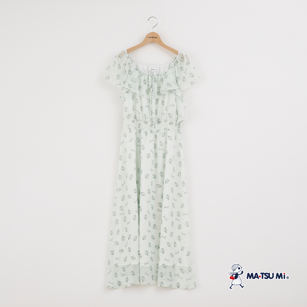 MA‧TSU Mi 浪漫感花束與蝴蝶結雪紡荷葉洋裝(草綠)