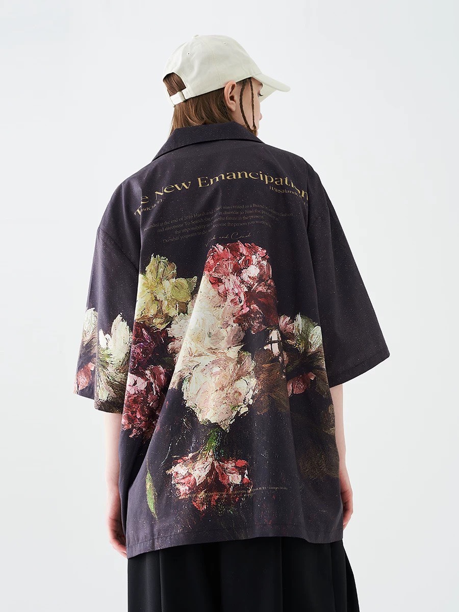 Harsh and Cruel 花卉油畫印花 古巴領 寬鬆襯衫 短袖  HY212030189