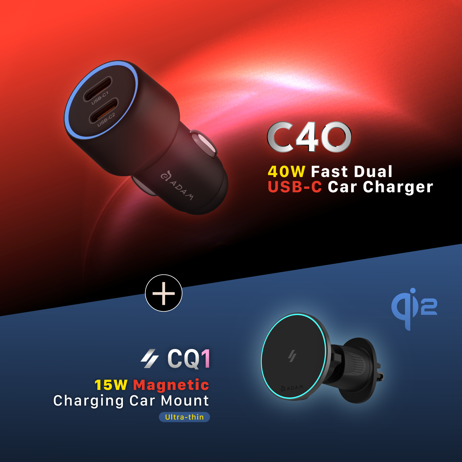 C40 40W Fast Dual USB-C Car Charger+CQ1 Qi2 Magnetic Charging Car Mount