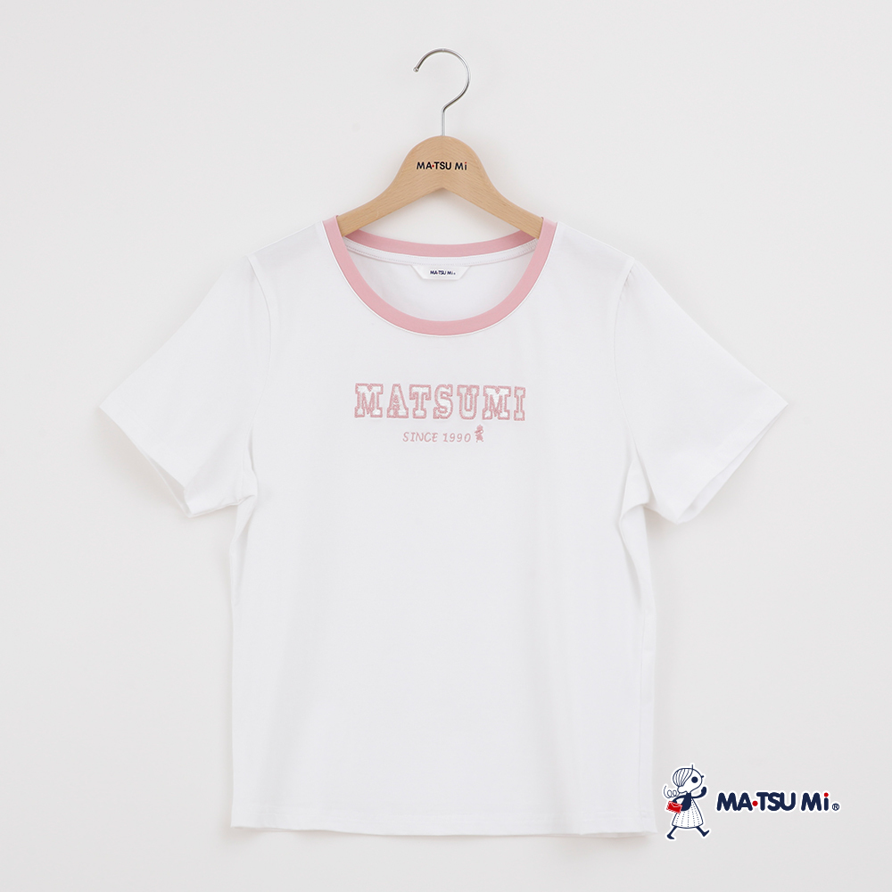 MA‧TSU Mi 簡約美式撞色微閃亮片縫線字母上衣(白.水藍)