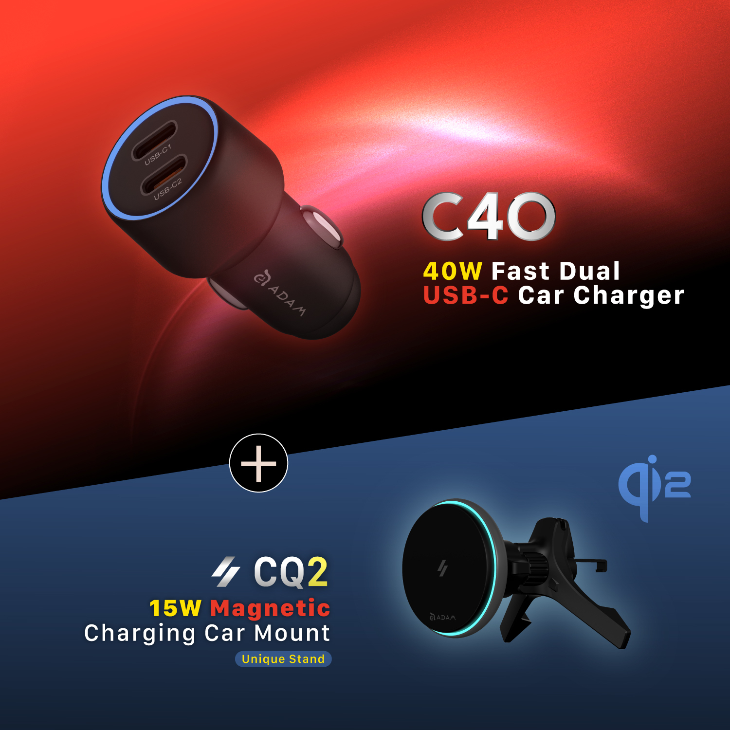 C40 40W Fast Dual USB-C Car Charger＋CQ2 Qi2 Magnetic Charging Car Mount
