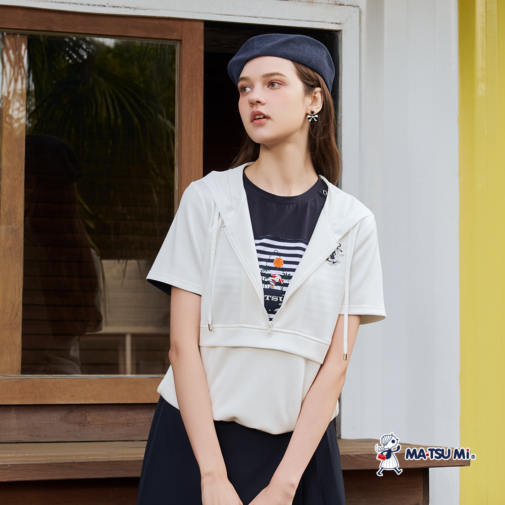 MA‧TSU Mi 異材質拼接拉鍊海洋風瑪娃小標設計連帽上衣(白.深藍)