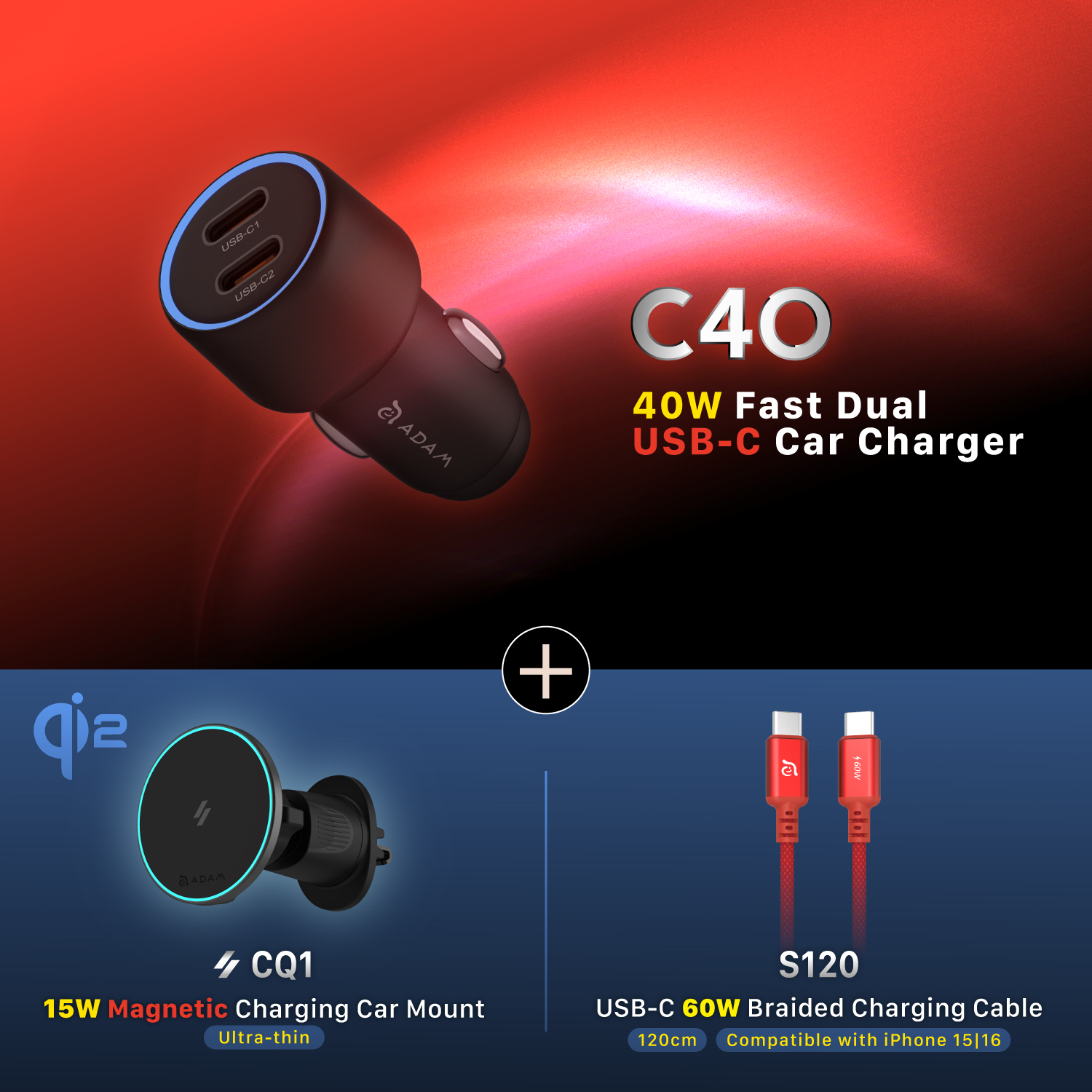 C40 40W Fast Dual USB-C Car Charger+CQ1 Qi2 Magnetic Charging Car Mount+ S120  USB-C to USB-C 60W Braided Charging Cable