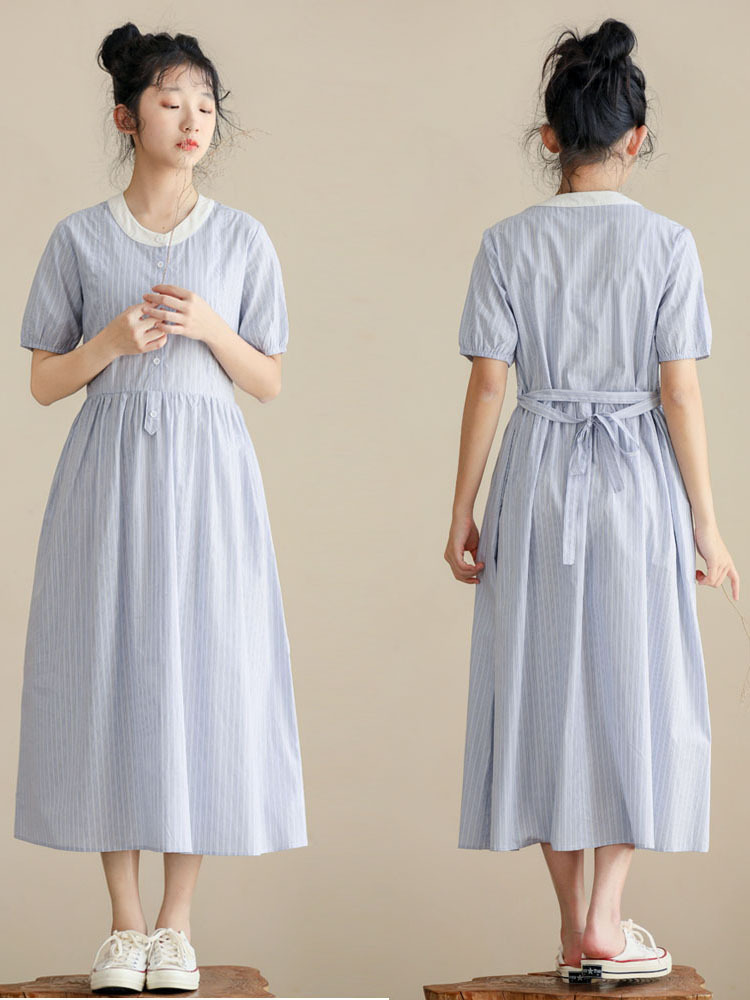 日系 文藝少女條紋洋裝