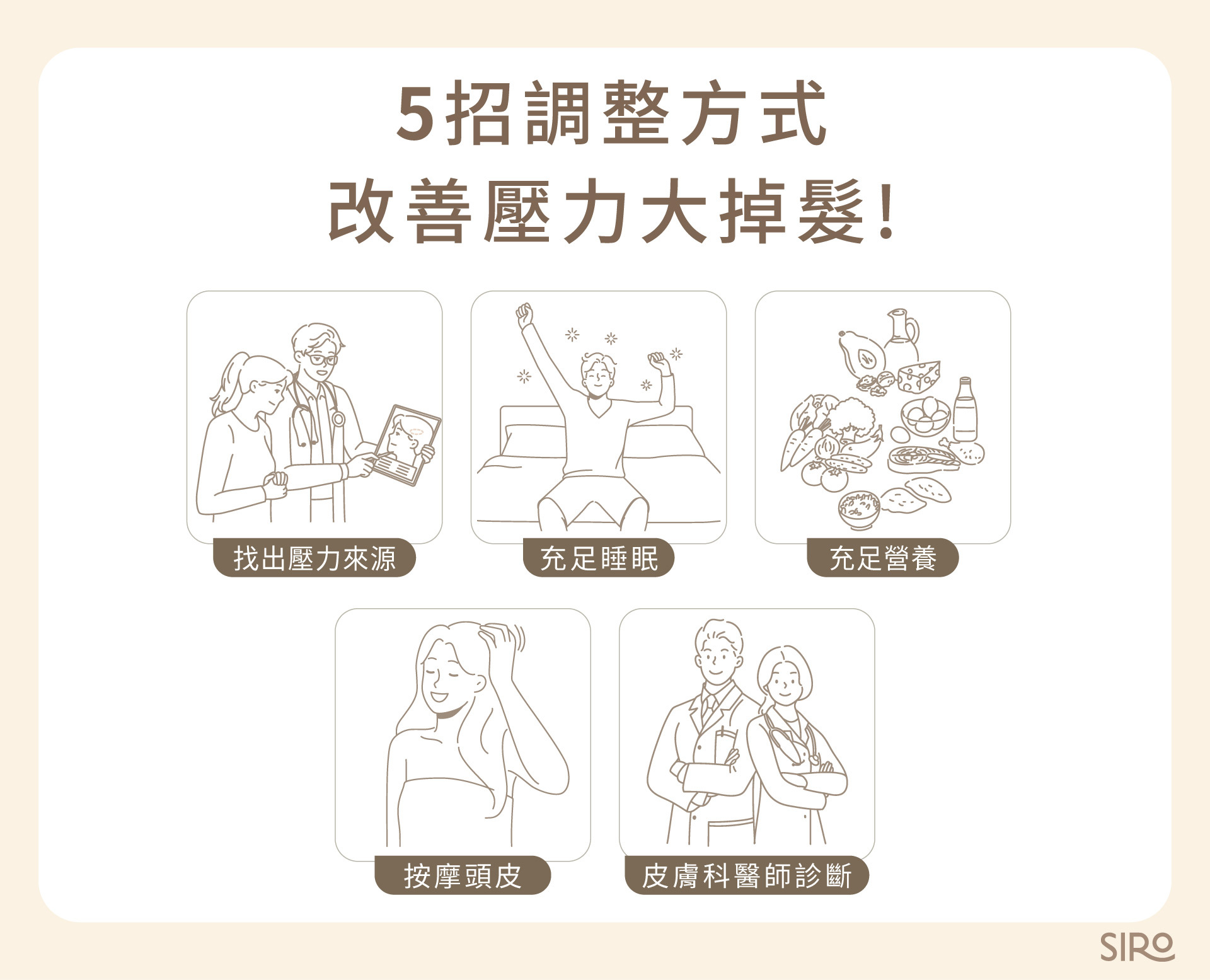 5 招調整方式改善壓力大掉髮：找出壓力來源、充足睡眠、充足營養、按摩頭皮、皮膚科醫師診斷