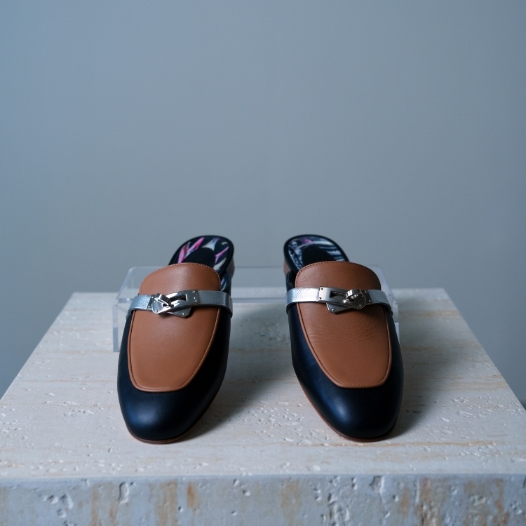 Hermes 棕拼黑銀色釦穆勒鞋 37號