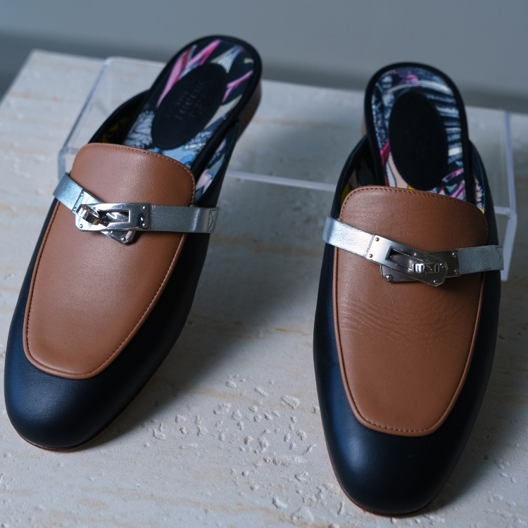 Hermes 棕拼黑銀色釦穆勒鞋 37號