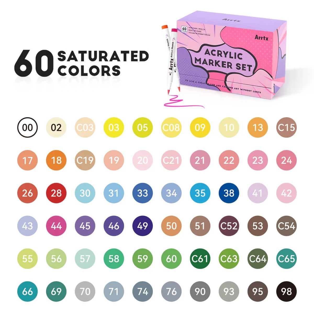 Arrtx ｜ 壓克力顏料麥克筆60色組（動漫）