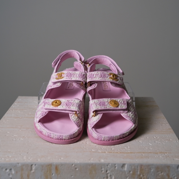 Chanel 粉色格紋毛呢涼鞋 40號