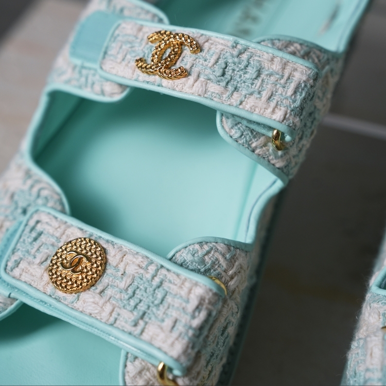 Chanel 湖水綠格紋毛呢涼鞋 39.5號