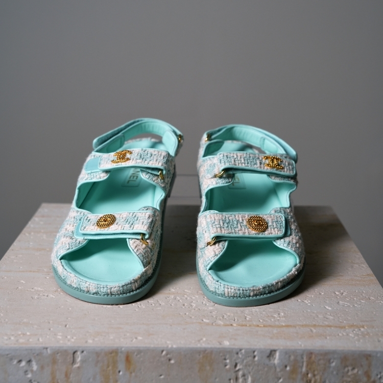 Chanel 湖水綠格紋毛呢涼鞋 39.5號