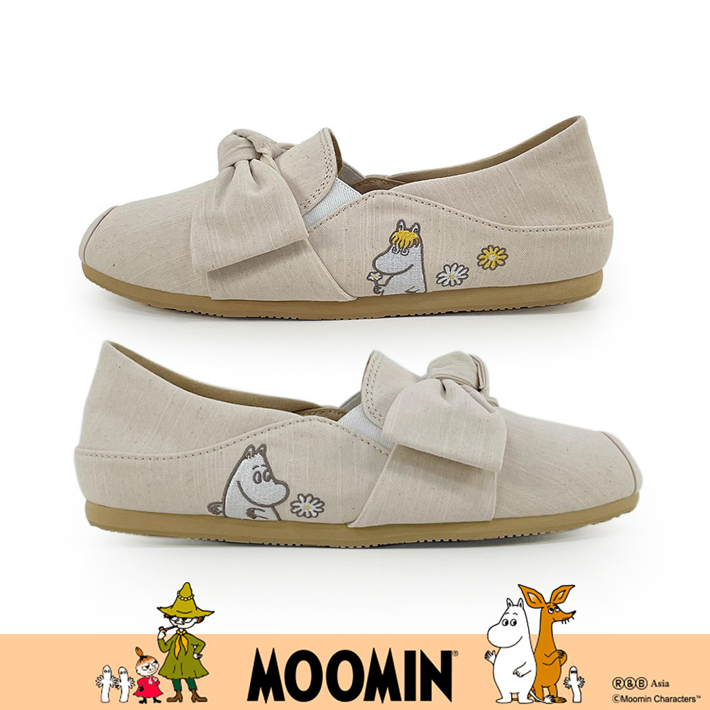 Paidal x Moomin姆明谷  姆明與歌妮大蝴蝶結2WAY懶人鞋不彎腰鞋休閒鞋-棉麻杏