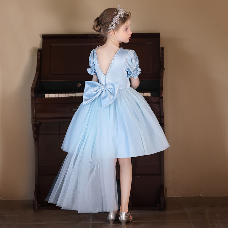 淺藍大露背蝴蝶結拖尾蓬蓬禮服裙