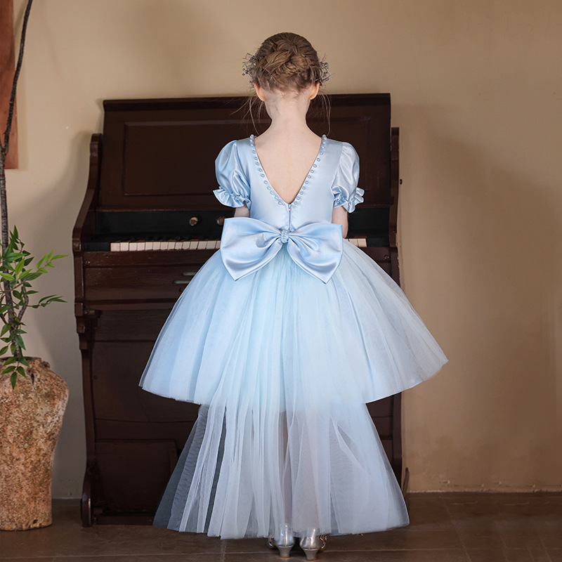 淺藍大露背蝴蝶結拖尾蓬蓬禮服裙